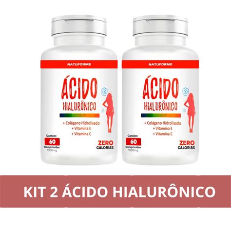 Kit 2 ácido Hialurônico Vitamina C E 60 Comprimidos 1000mg Pele Rugas