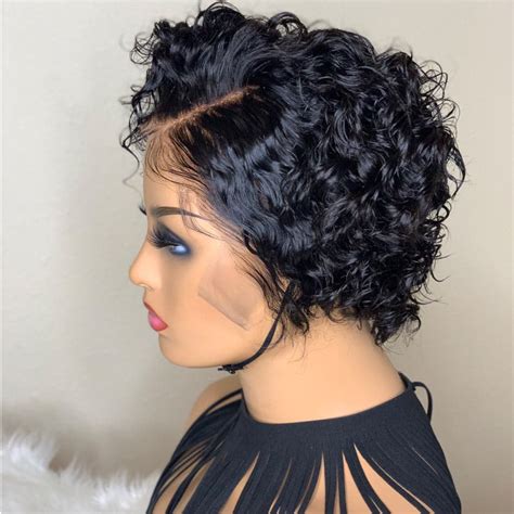 Natural Black 13x1 T Lace Side Part Kinky Curly Short Pixie Cut Bob Wi