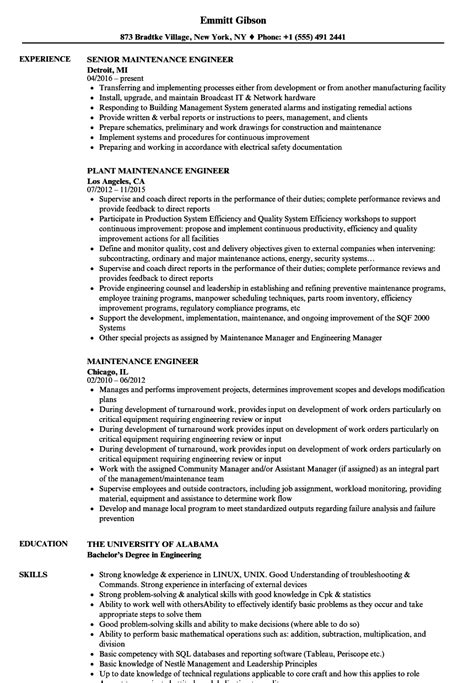 Maintenance Engineer Resume Samples Velvet Jobs