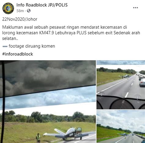 Pesawat Ringan Mendarat Cemas Atas Lebuh Raya PLUS Di Kulai