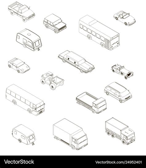 Set With Contours Different Cars In Isometric Vector Image