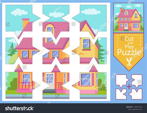 Children Puzzle Game Worksheets Drawing House เวกเตอร์สต็อก ปลอดค่า