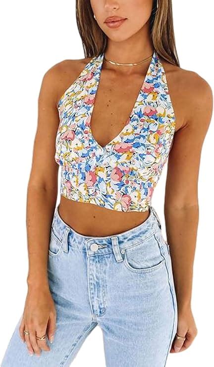 Damen Neckholder Wrap Crop Tank Tops Blumendruck Ärmellos Sexy Tiefer V