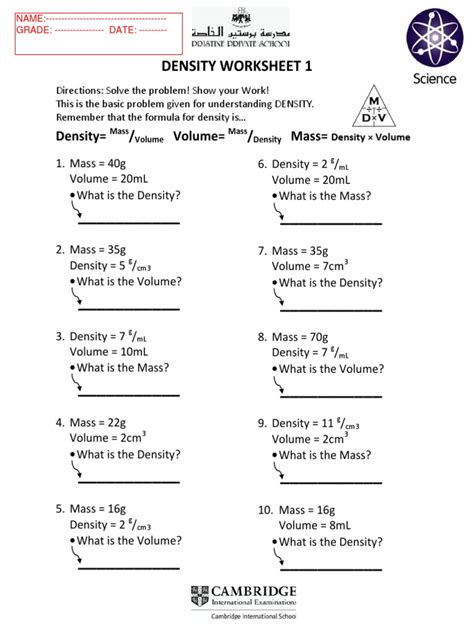 Density Mass Volume Worksheet