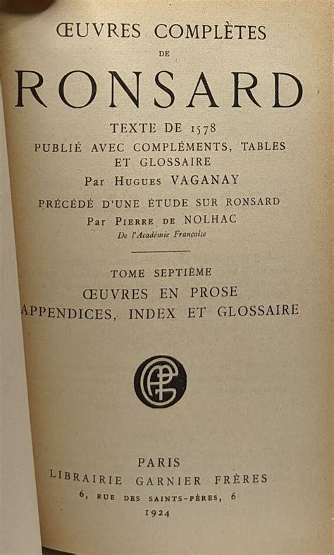 Oeuvres complètes de Ronsard TOME SIXIEME Les hymnes les