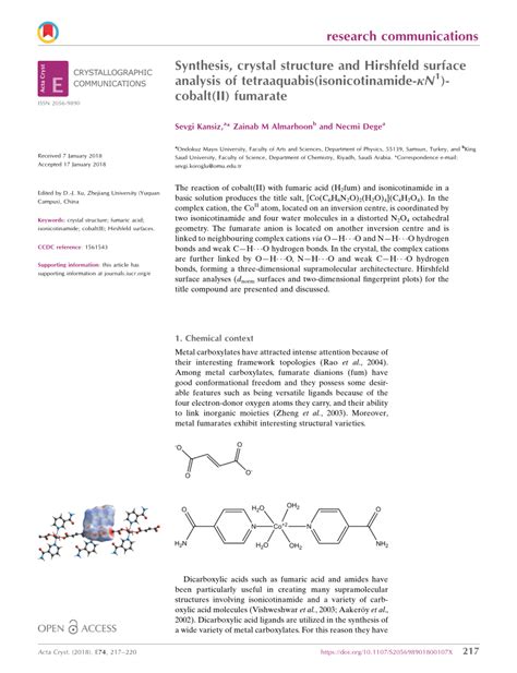 PDF Synthesis Crystal Structure And Hirshfeld Surface Analysis Of