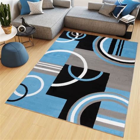 TAPISO Tapis Salon Poil Court Maya Bleu Gris Noir Blanc Cercles