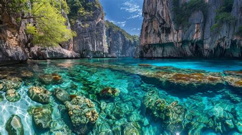 secluded lagoon surrounded  towering limestone cliffs