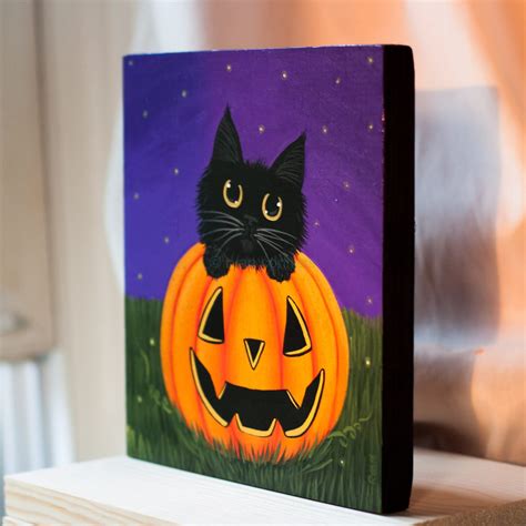 Black Cat In A Pumpkin Original Halloween Folk Art Painting