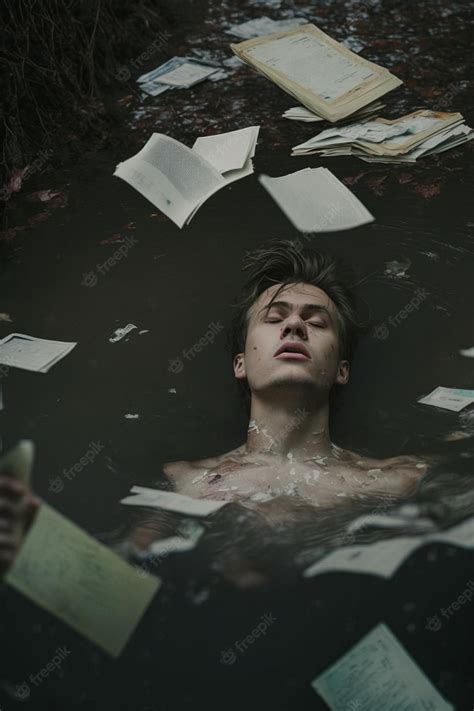 Premium Ai Image A Man Floating In A Dark Water With Papers On The