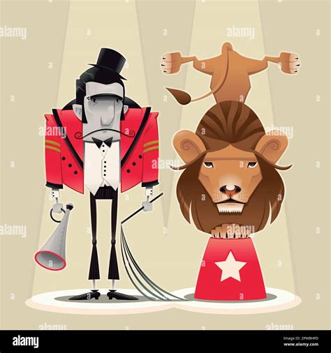 Lion Tamer With Lion Funny Cartoon And Vector Circus Illustration