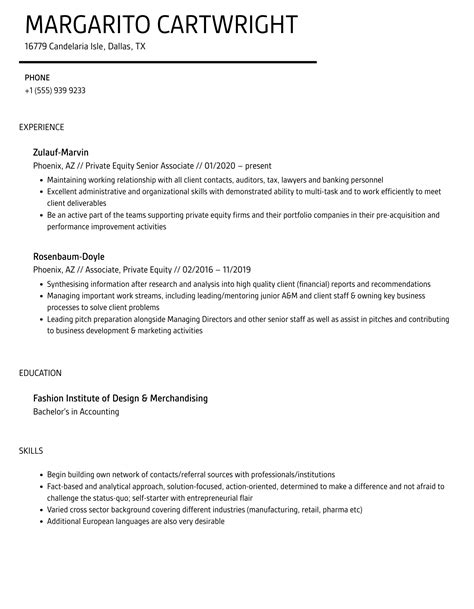 Private Equity Associate Resume Samples Velvet Jobs