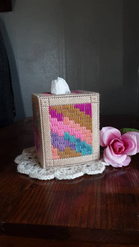 Handmade Needlepoint Tissue Box Cover Beautifully Worked In Jeweled