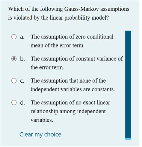 Solved Which Of The Following Gauss Markov Assumptions Is