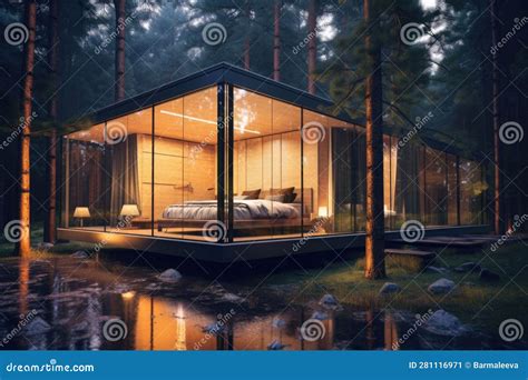 Modern Luxury Villa Exterior Glass Cottage In The Woods Cabin House In Forest Generative Ai