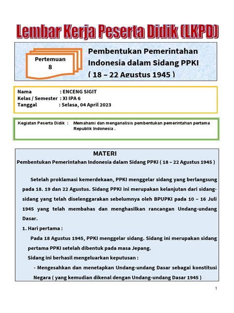 LKPD Pembentukan Pemerintahan Indonesia Dalam Sidang PPKI (18 - 22 aGUSTUS 1945) | PDF