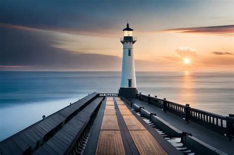 Premium Ai Image A Lighthouse On A Pier With The Sun Setting Behind It