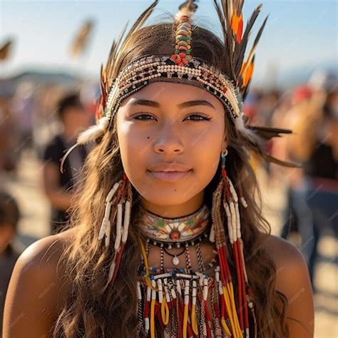 Premium Photo A Woman Wearing A Native American Headdress Stands In Front Of A Crowd Of People