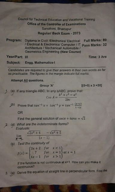 Engineering Mathematics I St Semester Questions Papers Ctevt