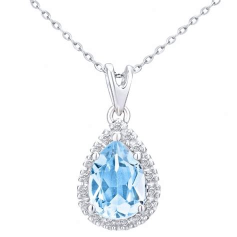 Sparkld 9ct White Gold Blue Topaz Teardrop 007ct Diamond Halo Pendant