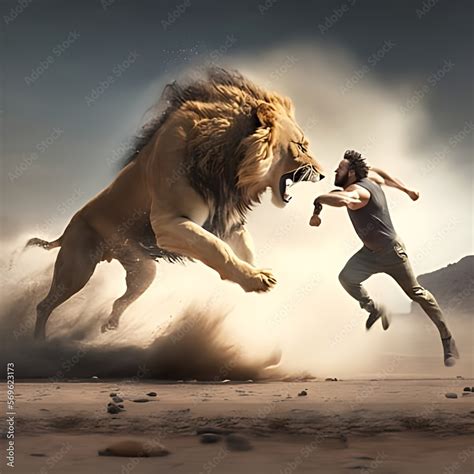 Lion jumping on hunter Stock Illustration | Adobe Stock