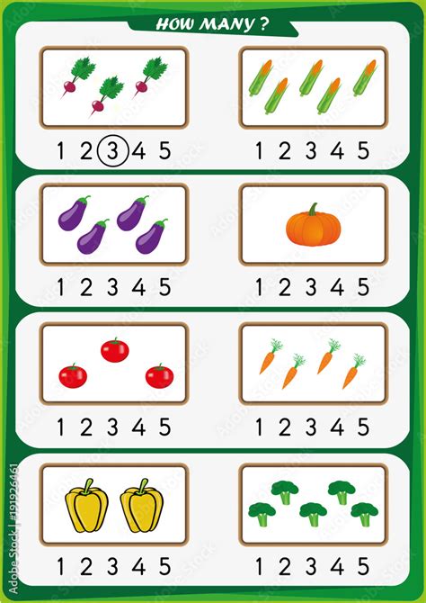 worksheet for kindergarten kids, Count the number of objects, Learn the numbers 1, 2, 3, 4, 5 ...