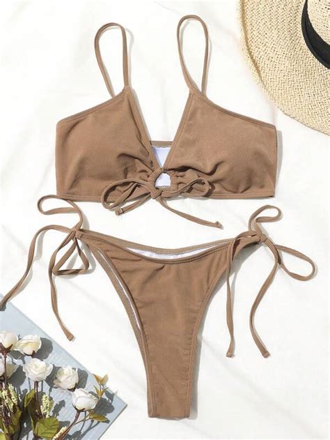 Shein Swim Basics Conjunto De Bikini Acanalado Sujetador Con Lazo En La