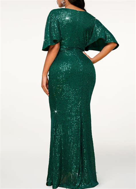 ROTITA Sequin Blackish Green V Neck Maxi Bodycon Dress Rotita