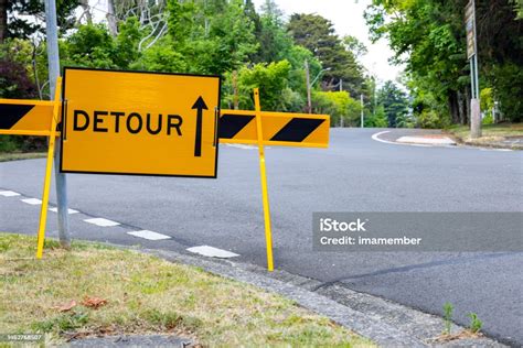 Warning Road Sign Detour Background With Copy Space Stock Photo