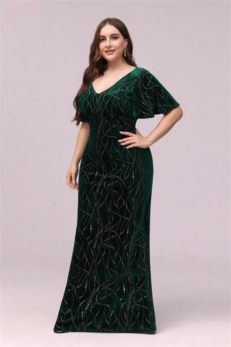 Modest Green Velvet Plus Size Evening Dress With Puffy Sleeves 56 48