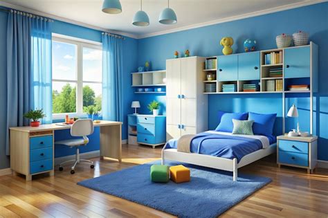 A bedroom with blue walls and a desk with a blue bed and a blue shelf ...