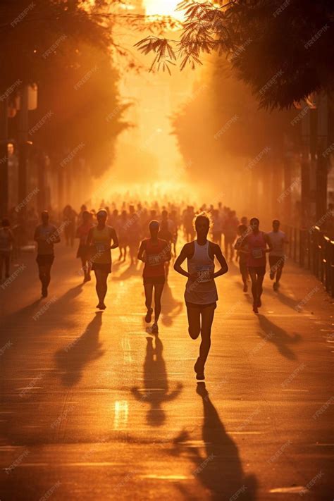 Premium Photo A Group Of People Running Down A Street At Sunset