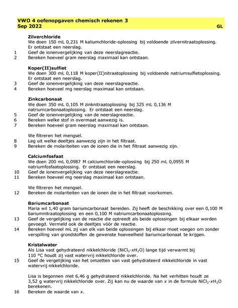 Chemisch Rekenen Vwo Oefenopgaven Chemisch Rekenen Sep