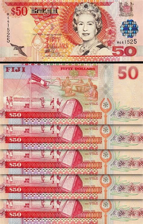 Fiji 50 Dollars 2002 UNC 5 Pcs LOT Consecutive P 108a Queen