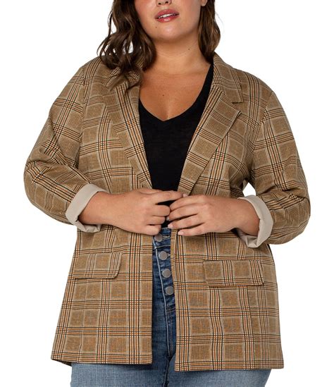 Liverpool Los Angeles Plus Size Plaid Notch Lapel Collar 3 4 Rolled