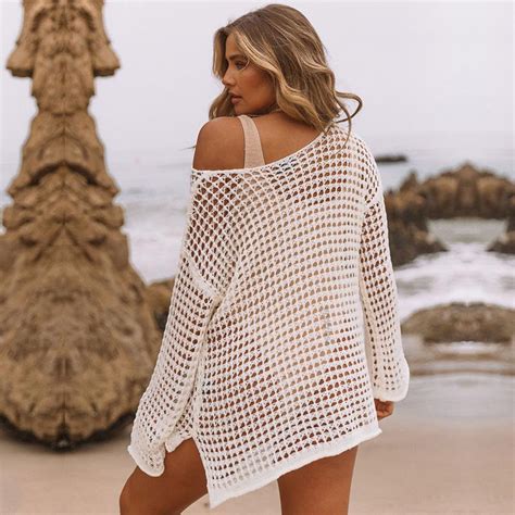 Buy Sexy See Through Mesh Knited Bikini Cover Ups White Crochet Tunic