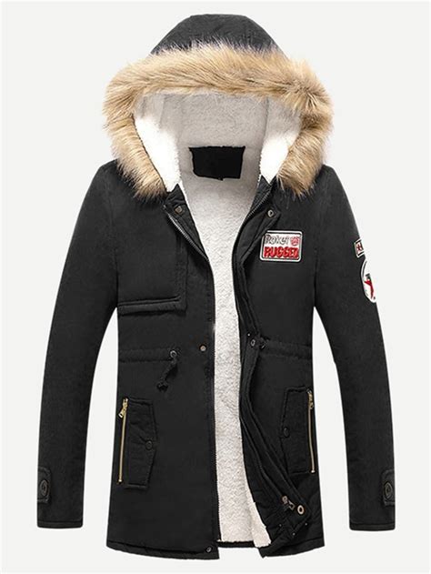 Men Shearling Lined Patched Hooded Coat SHEIN SHEINSIDE Jackets