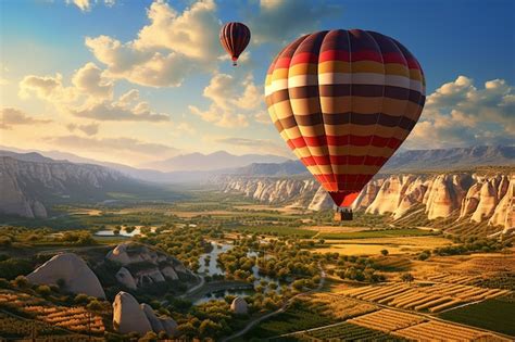 Premium Ai Image Hot Air Balloons Flying Over Rocky Cliff With