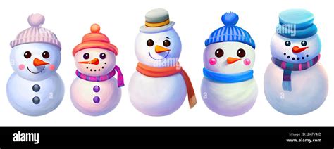 Snowman Collection Five Cute Snowmen Characters In A Row Smiling