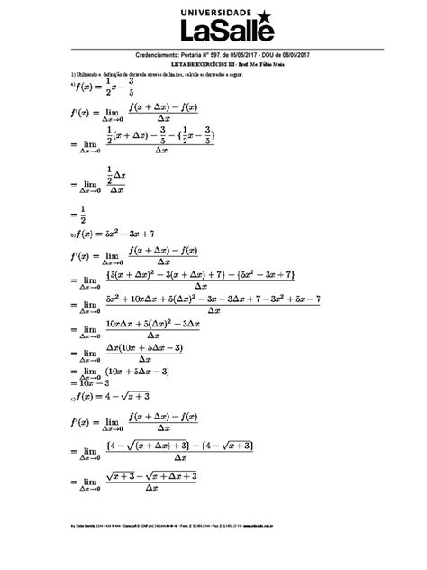 Lista De Exercícios Iii Sobre Derivadas Prof Fábio Maia Pdf