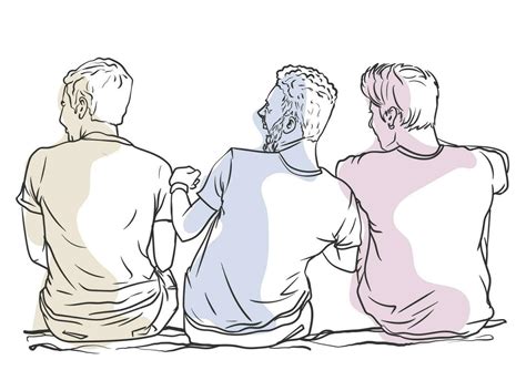 Three male friends laughing together, discussing, sitting backward on the ground, simple line ...