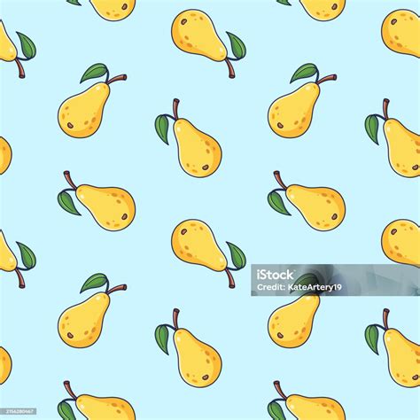 Cute Yellow Pear Seamless Pattern In Doodle Style Vector Hand Drawn Cartoon Pear Illustration