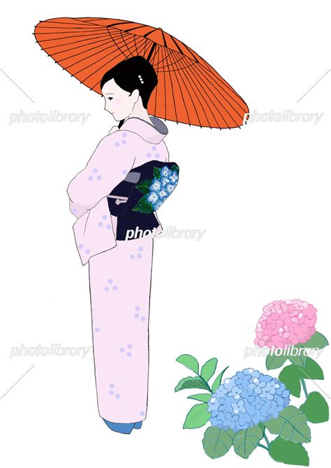 着物姿の女性 赤い番傘 紫陽花 イラスト素材 6073457 フォトライブラリー Photolibrary