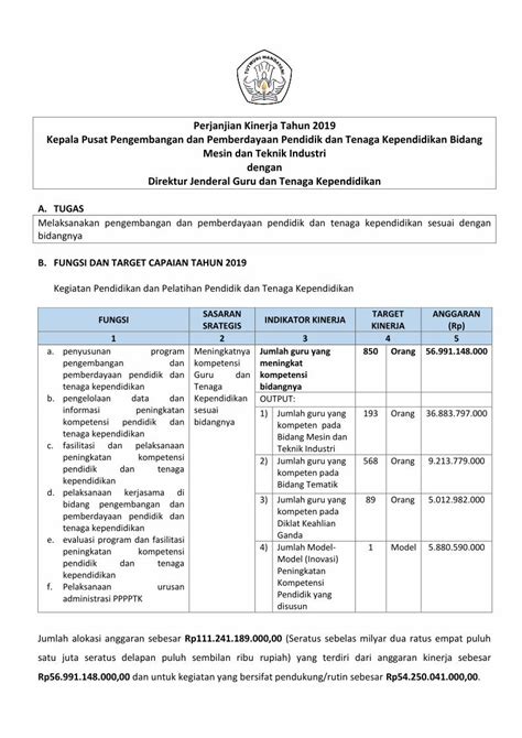 Pdf Perjanjian Kinerja Tahun Kepala Pusat Pengembangan