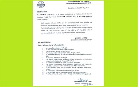 Notification Summer Vacations Holidays For All Govt And Private Schools Of Punjab 2022