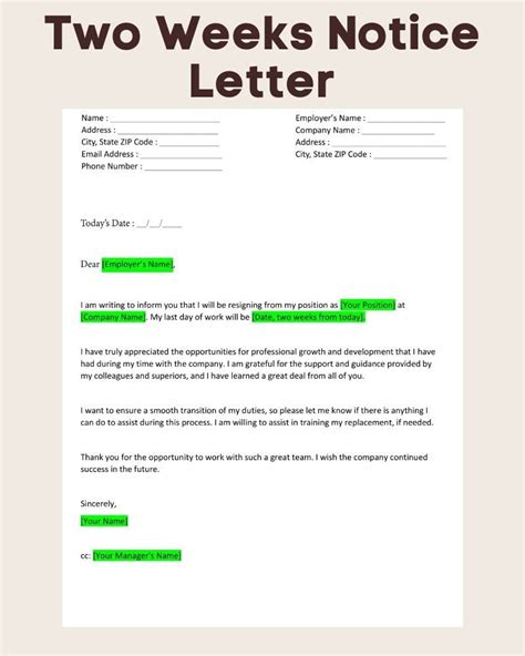 Professional Two Weeks Notice Letter Template Etsy