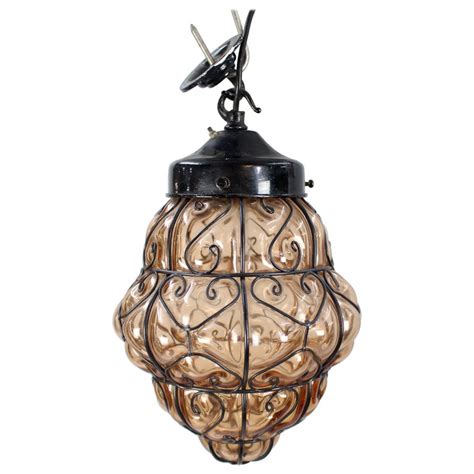 Mid 20th C Handblown Seguso Murano Amber Glass Caged Pendant Light For Sale At 1stdibs