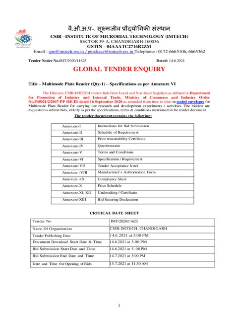 Fillable Online The Director CSIR IMTECH Invites Bids From Local And