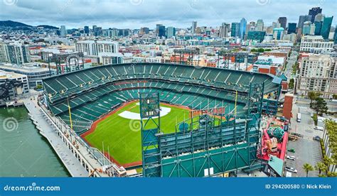 Aerial Backside Of Oracle Park With Coca Cola Slide And View Of City