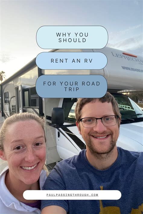 A Man And Woman Are Smiling In Front Of A Camper With The Words Why You